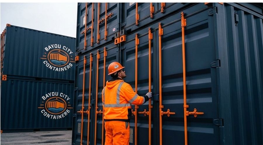 Container doors with locking rods being opened